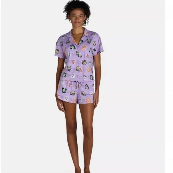 Celebrate Halloween Monster Print Shorty Pajama Set Purple PJ 2 Piece Women’s XS - Picture 2 of 10